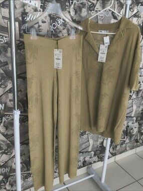 Zara Olive Green Jacquard Wide-Leg Knit Pants & Blouse